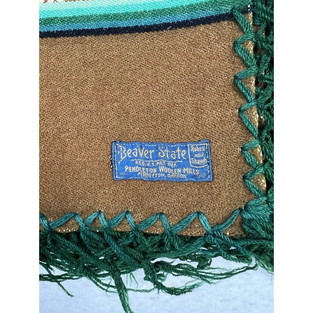 Vintage‎ Pendleton Wool Beaver State Aztec Blanket Throw Shawl Brown Green 60x66
